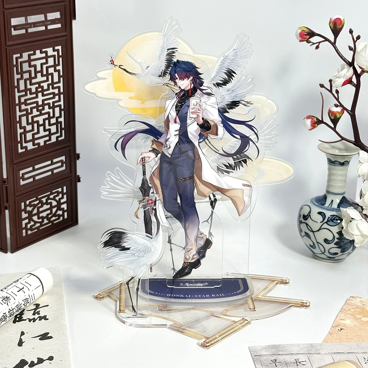 Crane and Cloud Series New Chinese Scroll Design Acrylic Scene Standee, Elegant Aesthetics Desk Decor, Anime Merch Display Case