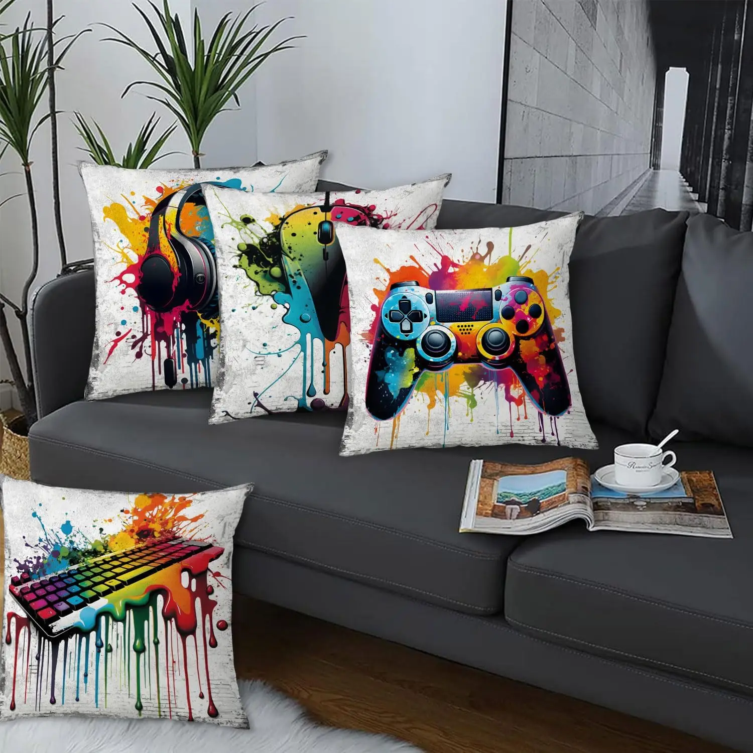 Gaming Pillow Cover for Boys Room Graffiti Game Throw Pillow Cover Sofa Couch Decor 18x18 Set of 4 Teen Video Gamepad Headphones