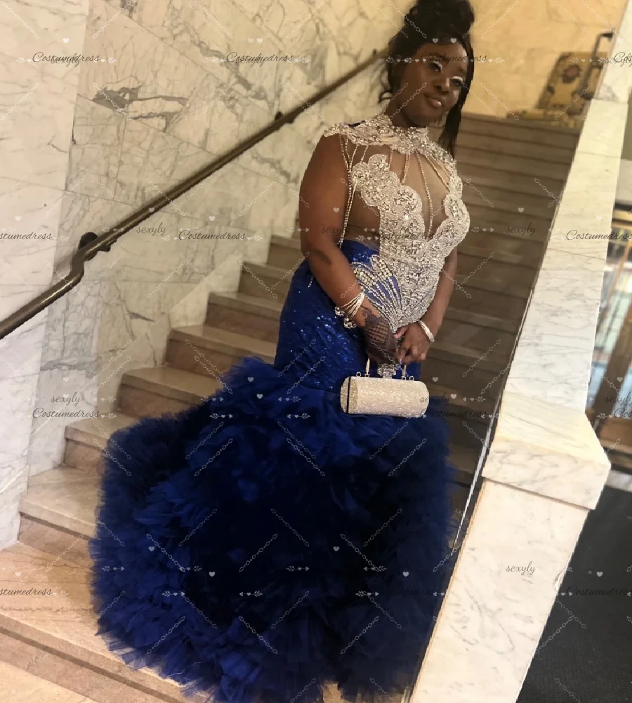 Robe de soirée de luxe en diamant, bleu Royal, sirène, noire, robe de bal pour filles, volants inférieurs, grande taille, robe d'anniversaire formelle à paillettes