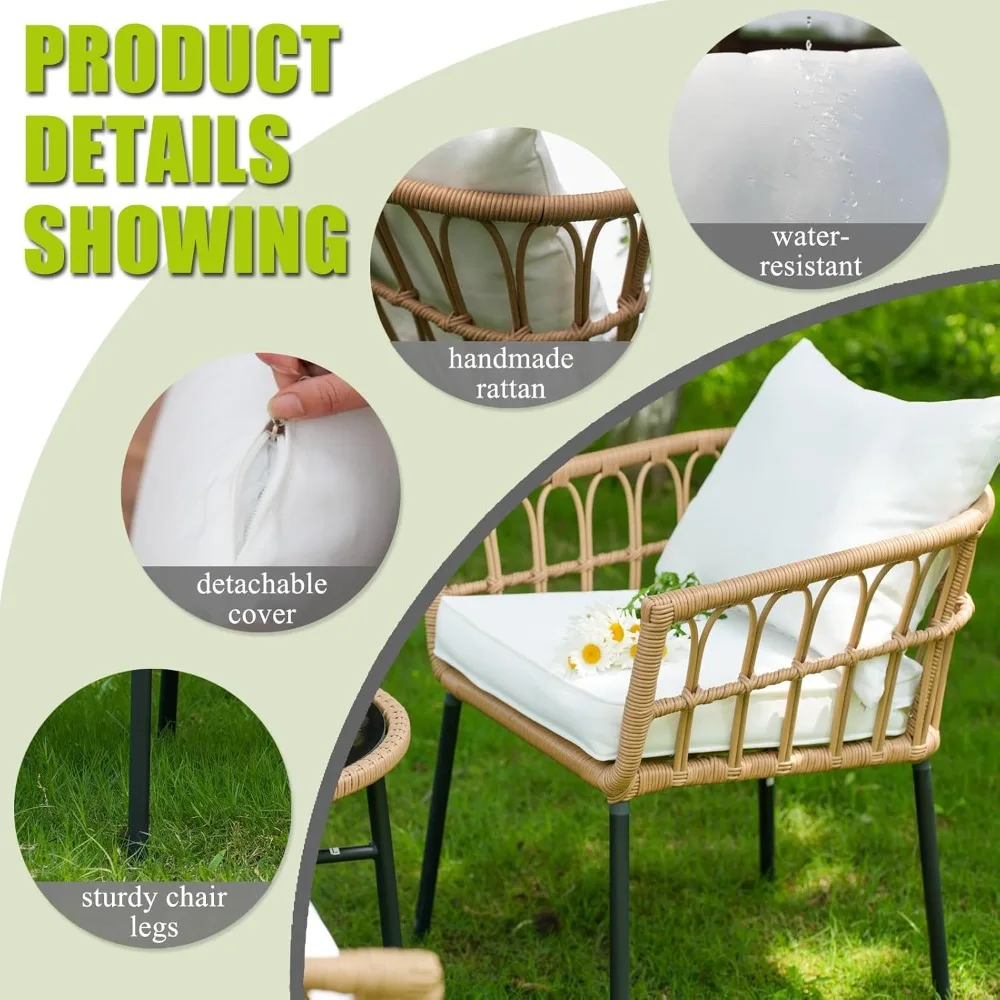 3-teiliges böhmisches Outdoor-Rattan-Terrassenmöbel-Set mit Korbstühlen und Couchtisch