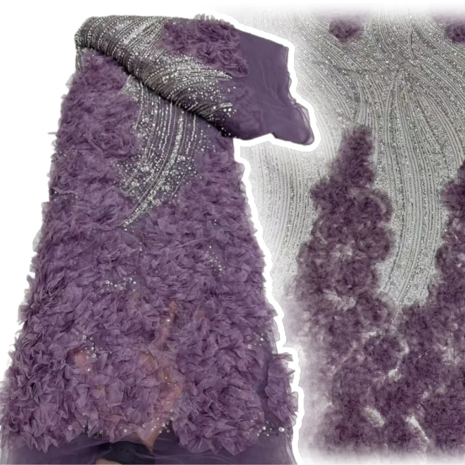 

5 Yard 3D Embroidered Sequin Lace Fabric 2025 Latest Nigerian Style Beaded Bridal Tulle Lace Wedding Party Fabric Sewing CC1299