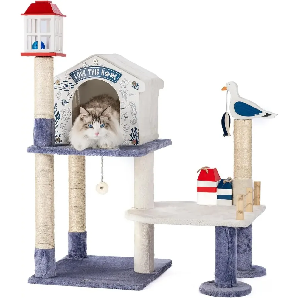 43.5-Inch Novelty House Seagull Buoy Collapsible Cat Tree Tower Condo Bed Furniture Plush Ball Toy Fish Platforms Multi-Le