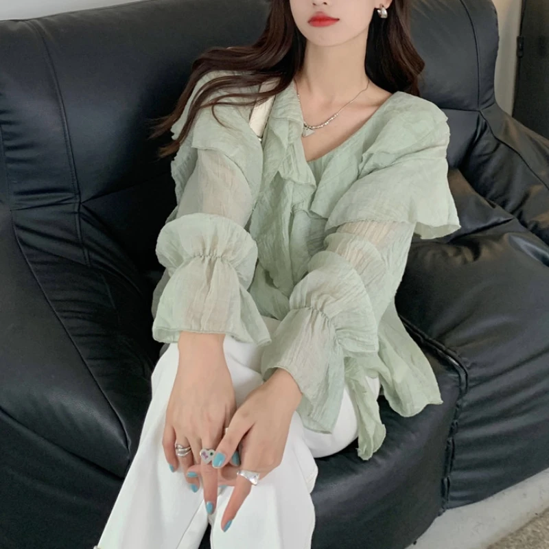 Puff Sleeve Blouse Women Ruffles Chic Solid All-match Korean Fashion Simple Sweet V-neck Streetwear Harajuku Spring Popular Ins