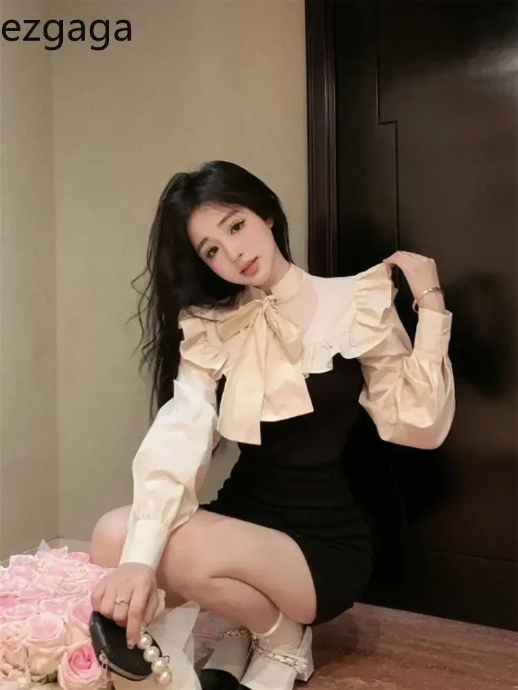 Ezgaga Elegant Shirts Women Chic Bow Bandage Ruffles Patchwork Stand Collar Long Sleeve Sweet Blouse Fashion Ladies Crop Tops