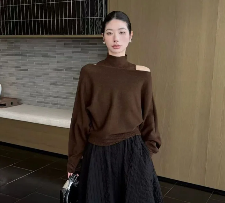 Koreanisches schulterfreies Strick-Oberteil, schulterfreier Pullover, Damenweste, Strick-Top, zweiteiliges Set