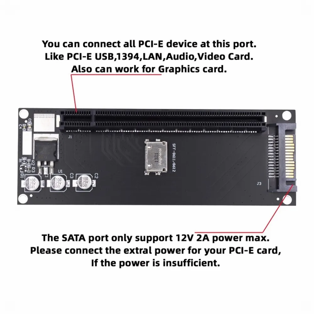 Oculink SFF-8611 SFF-8612 4i to PCIE4.0 PCI-E Express 16x 4x Adapter with SATA Power Port for Mainboard Graphics Card