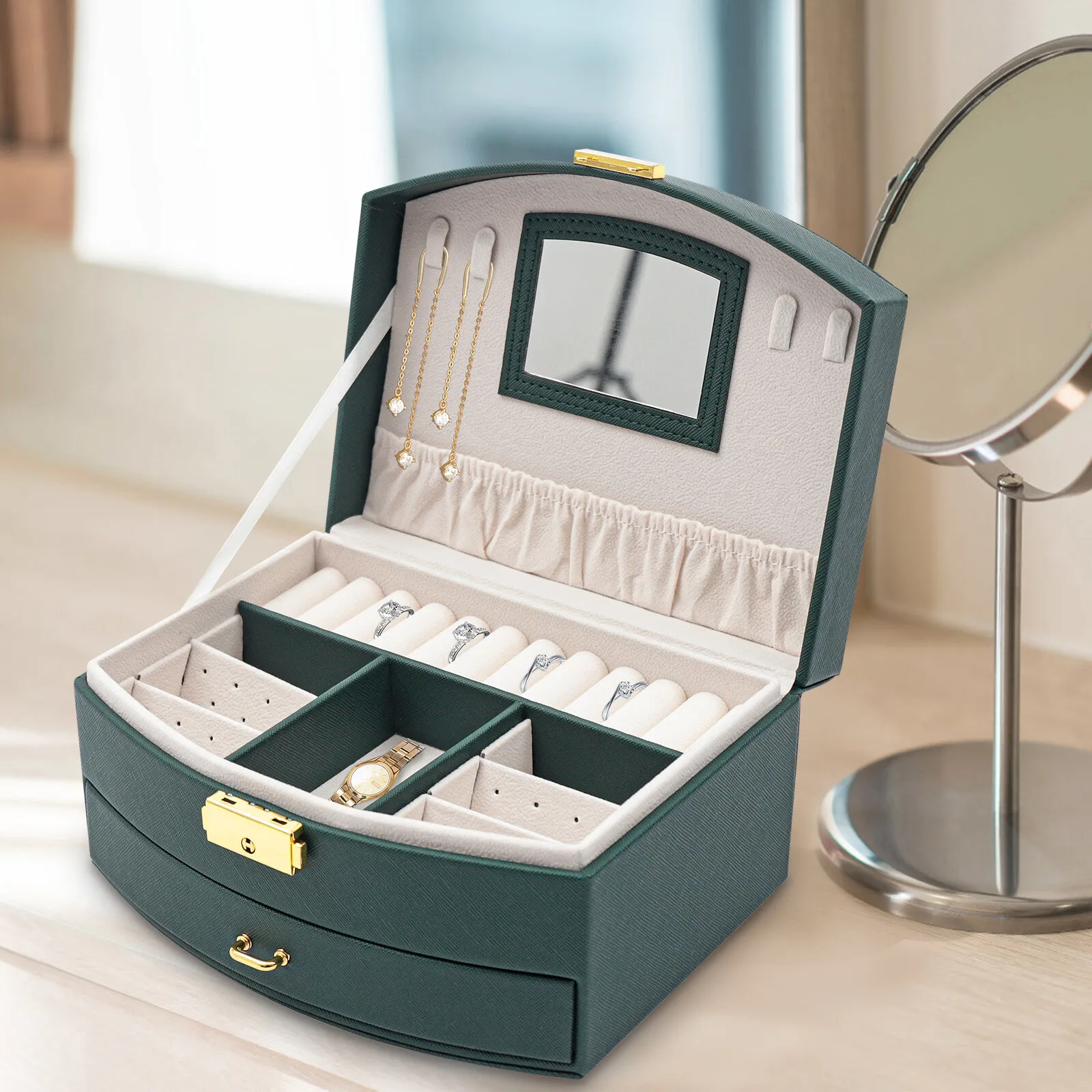 

Большой футляр для хранения ювелирных изделий, шкатулка для драгоценностей, органайзер для сережек для женщин и девочек с двумя ящиками и зеркалом, подарок