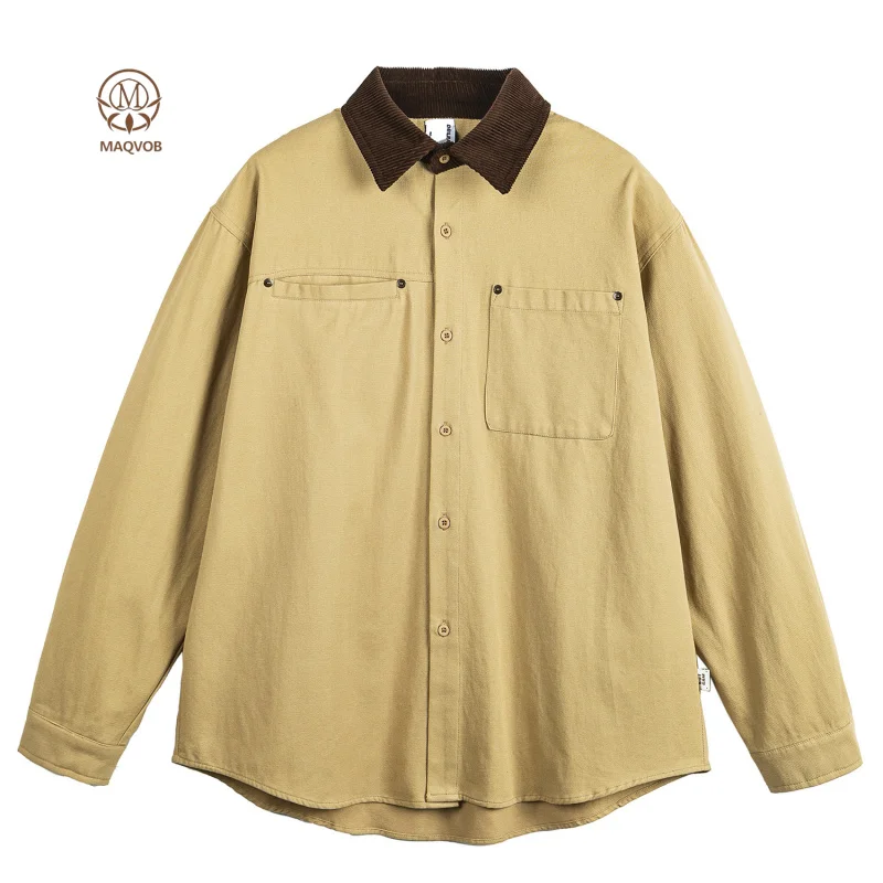 

MAQVOB Top Quality EU US Size Corduroy Collar Patch Pocket Work Shirt Unisex Loose Fit Long Sleeve Shirt