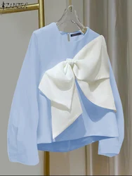 ZANZEA Sweety Round Neck Color Patchwork Tops 2024 Women Blouse Casual Long Sleeve Bownot Blusas Korean Fashion Autumn Tunics