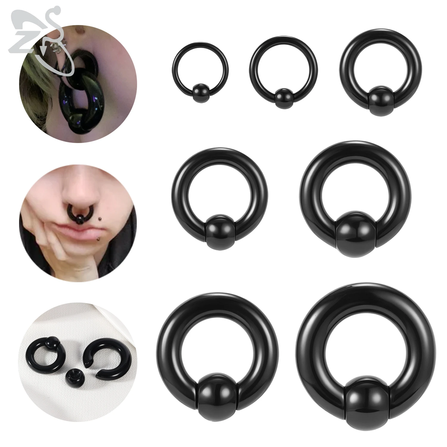 ZS 1 sztuka Czarny akrylowy duży zatyczka do uszu i tunel BCR Giant Captive Bead Ring Ear Expander Septum Piercing Biżuteria do ciała