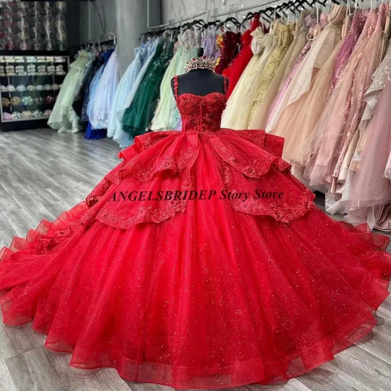 

ANGELSBRIDEP Блестящие красные платья Quinceanera Многоуровневый тюль с оборками Корсет Бальное платье Кружевные аппликации из бисера День рождения Принцесса