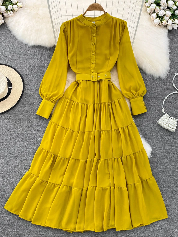 

Women Vintage Long Sleeved Stand Neck High Waist A-line Ruffle Edge Dress Spring Single Breasted Pleat Simple Elegant Robe