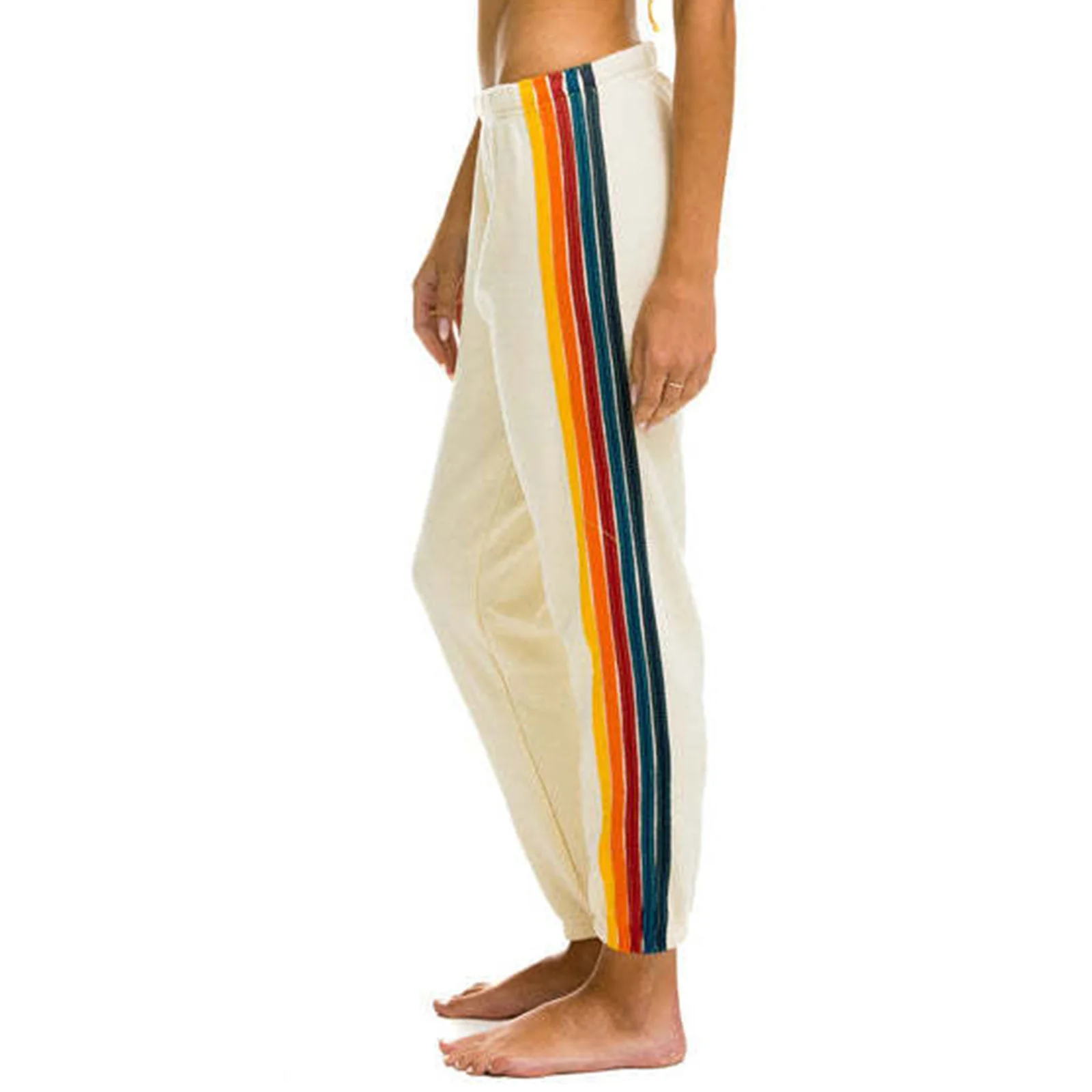 2024 New Rainbow Stripe Spliced Women\'s Sanitary Pants Sports and Casual Knitted Pants Women\'s Spring and Autumn Pants