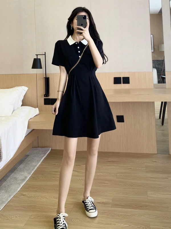 

Short French Summer Dress for Women's 2024 New style Waistband Slimming Short A-line Black Dress Short sleeved U8K9