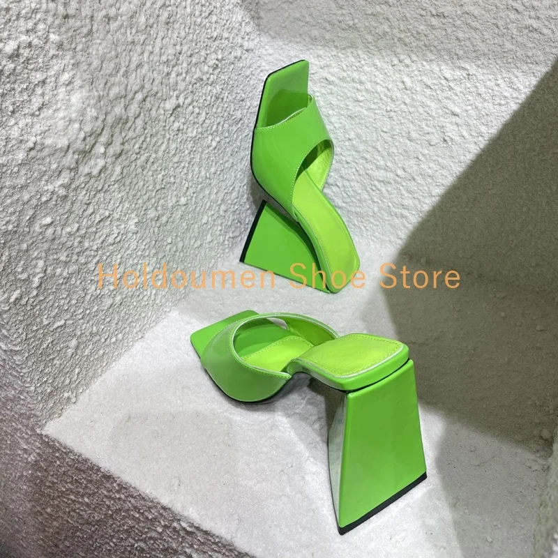 

Novelty Strange Style Heel Square Toe Silk Satin High Heel Slippers Multicolor Patent Leather Slingback Slip On Fashion Slippers