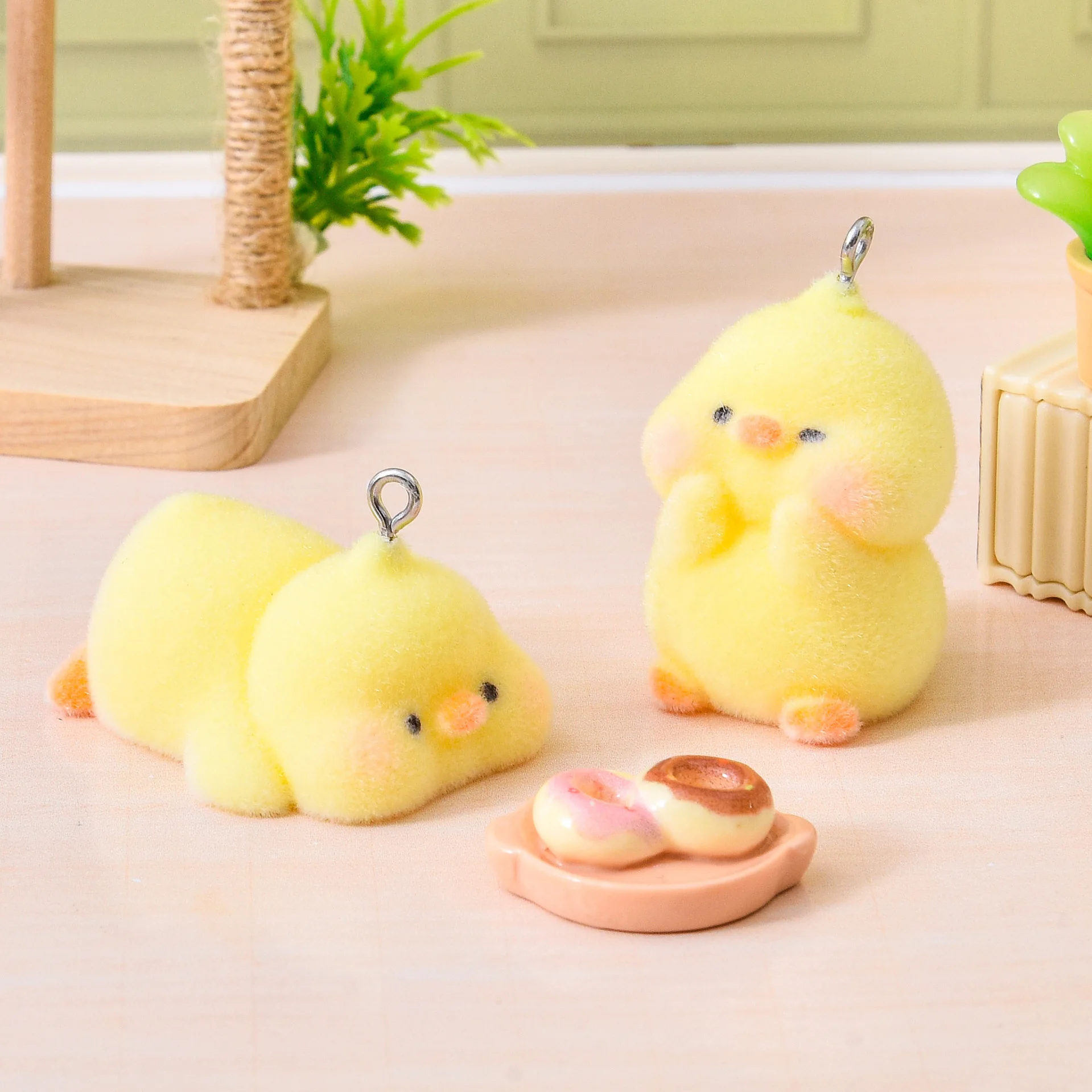 18pcs 3D Flocking Resin Cute Yellow Duck Doll Cartoon Animal Charms For Keychain Necklace Earring Making DIY Jewelry Accessories
