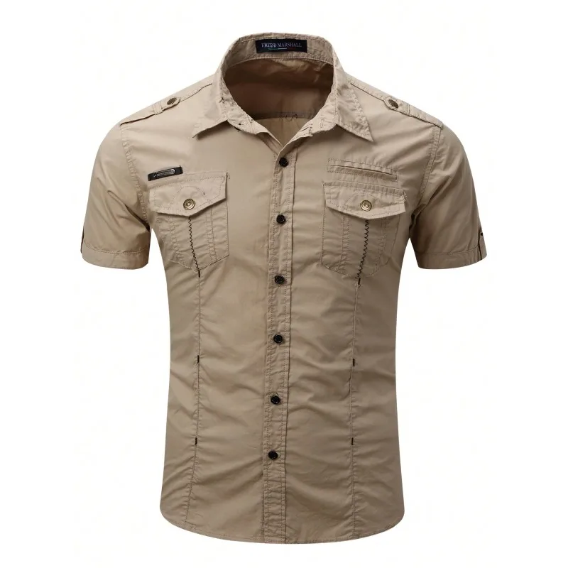 Camisas de Trabajo de Manga Corta para Hombre FREDD MARSHALL 2026, Color Sólido, con Bolsillos Cargo, Botones y Placa Metálica