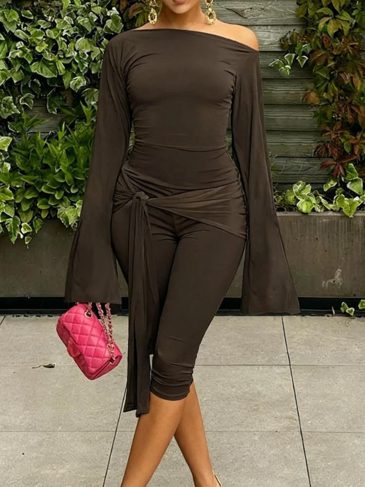 

SsTss женский комплект из 2 предметов, однотонный пуловер с открытыми плечами и рукавами «летучая мышь», футболка и узкие брючные костюмы с завязками на ленте с пятью точками