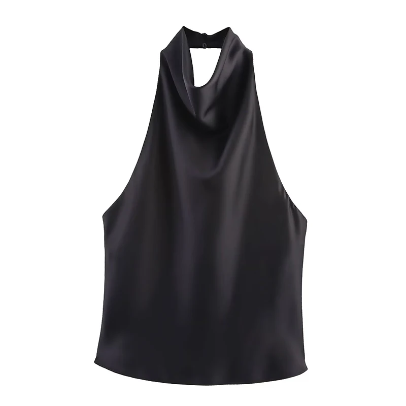 Willshela, Tops plisados lisos de satén a la moda para mujer, Tops Vintage con cuello Halter sin mangas para mujer, Tops elegantes para mujer