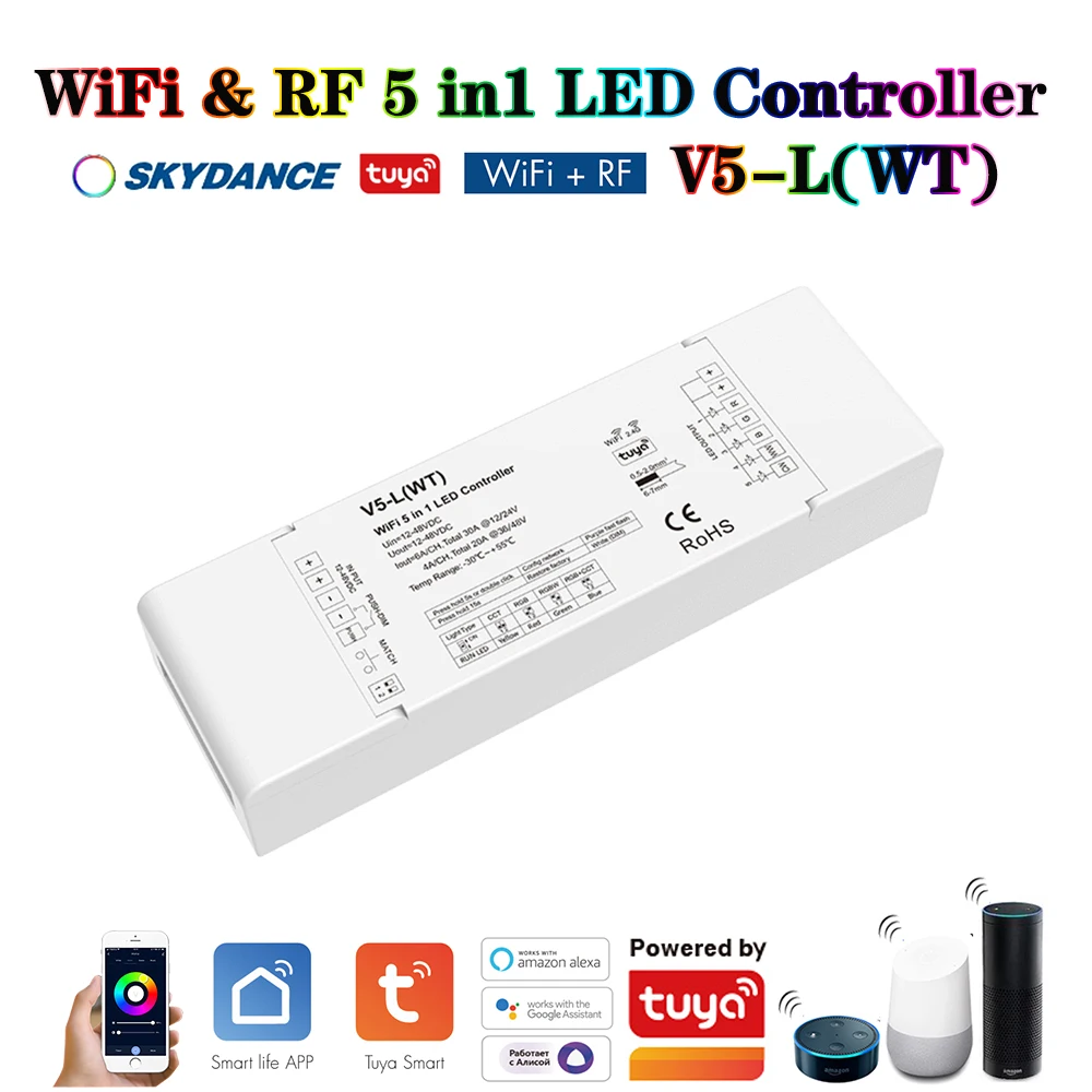 

Skydance V5-L (WT) DC12-48V Wi-Fi + 2,4 ГГц RF + Push-DIM 5 в 1 Smart Tuya Dim Controller для одинарных/двойных белых RGB RGBW RGB + CCT Strip