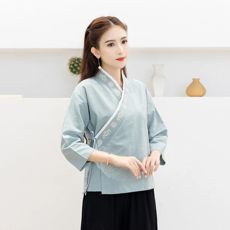 

Chinese Style Clothing Women Retro Hanfu Embroidered Linen Zen Tea Tops Shirts Tang Suit Cheongsam Qipao Modern Oriental Blouse