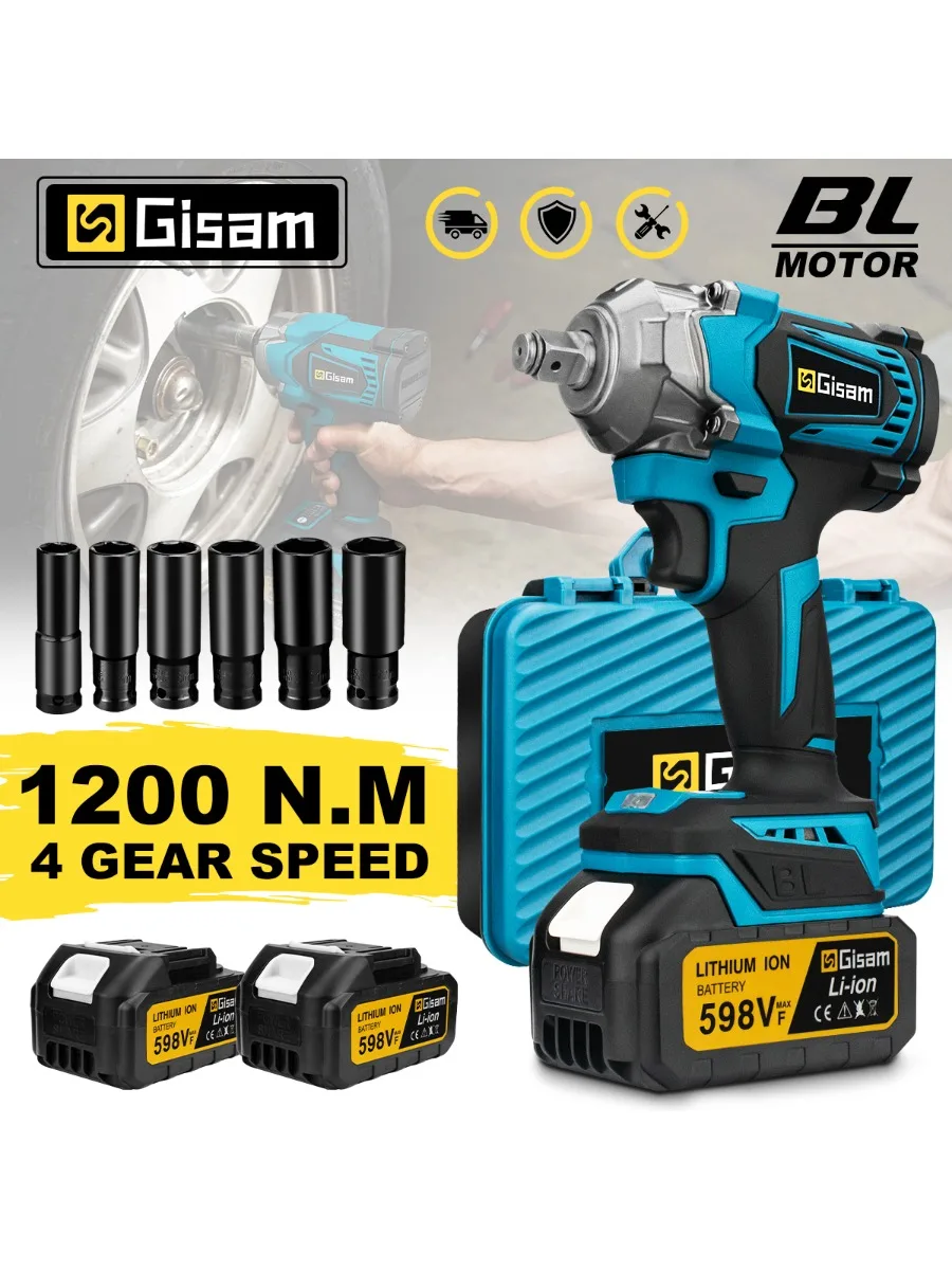Gisam 1200N.M Bürstenloser elektrischer Schlagschrauber, 1/2 Zoll Schraubendreher, kabelloser elektrischer Schraubenschlüssel, Werkzeuge für Makita 18V-Akkupins