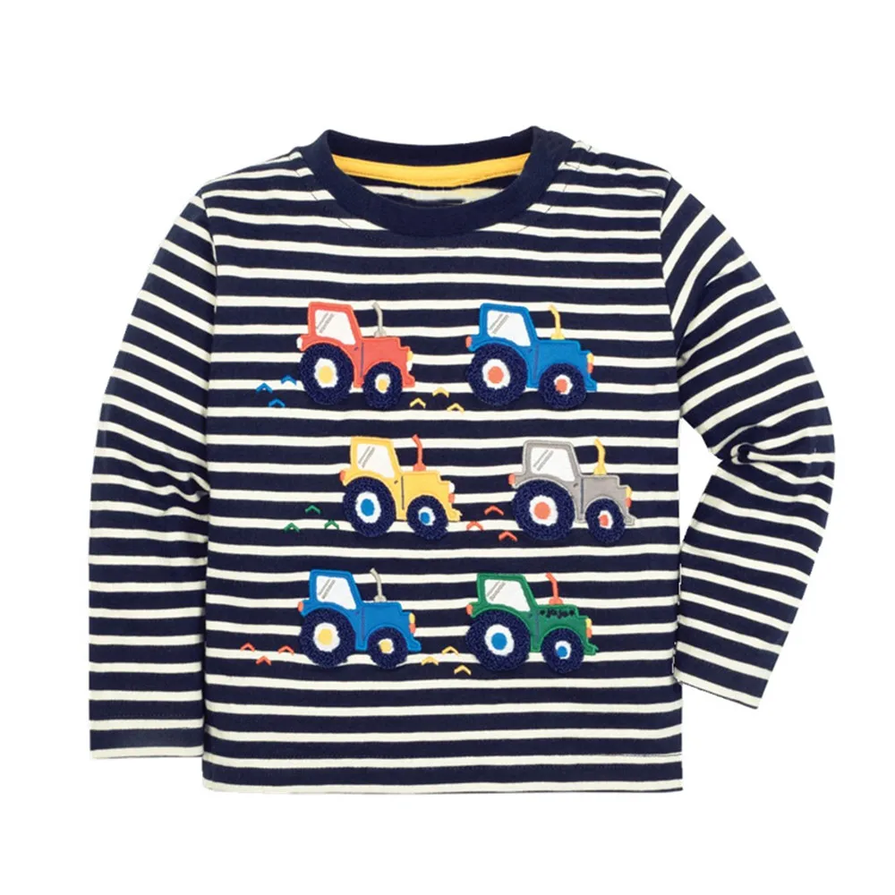 Springen Meter 2-7T Lange Mouw Gestreepte Auto Borduren Jongens T-shirts Herfst Winter Kinderkleding Lange Mouw Kids tops