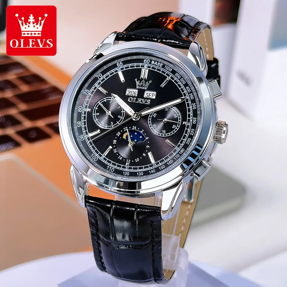 

Мужские часы OLEVS, повседневные модные часы с кожаным ремешком, календарем, фазами луны, оригинальные автоматические механические наручные часы для мужчин, водонепроницаемые