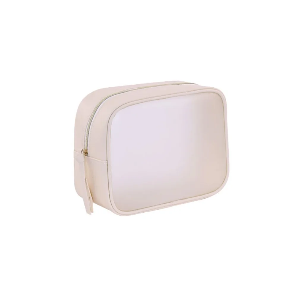 Portable Frosted Transparent Cosmetic Bag Zipper PU Makeup Storage Bag Beige Large Capacity Toiletry Organizer Ladies