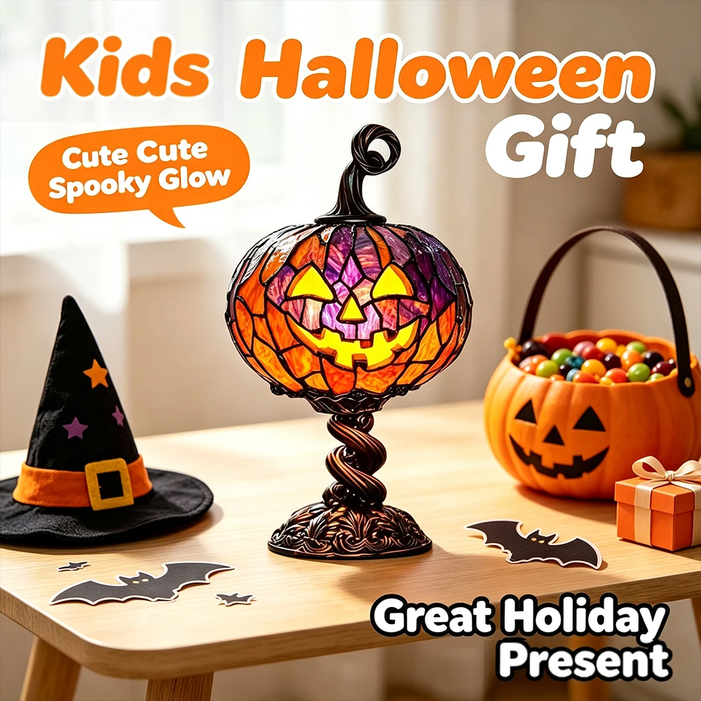 Halloween Resin Jack‑o‑Lantern Table Lamp USB Charging Pumpkin Night Light Warm Glow Indoor Desktop Holiday Party Decoration
