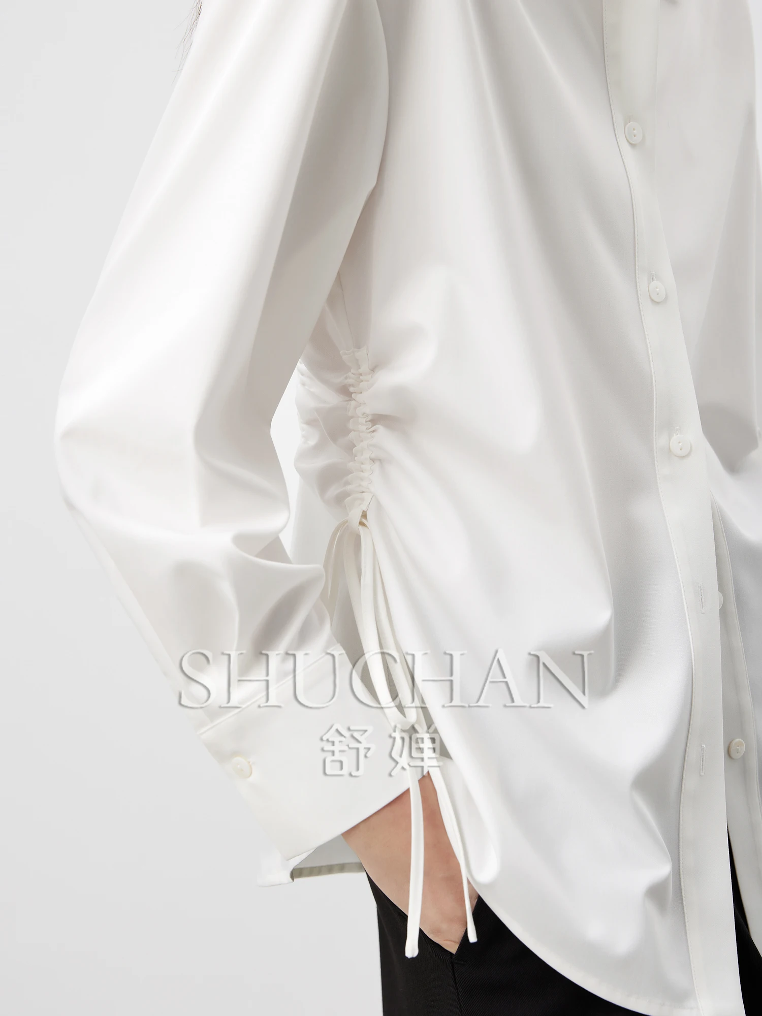 good quality 25 autumn, temperament attendance, side drawstring waist design, bamboo fiber versatile lapel shirt women