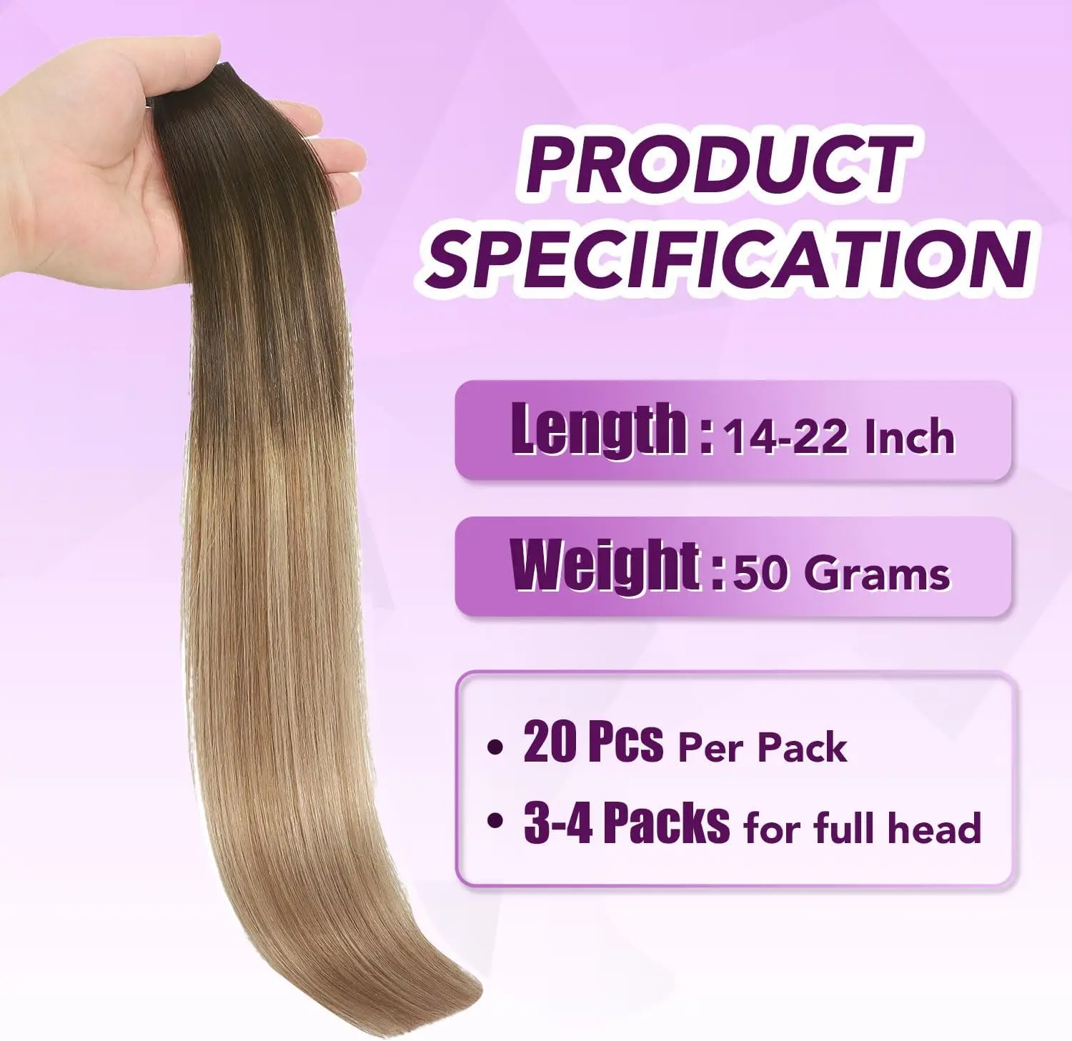 وصلات شعر شريط شعر بشري في وصلات شعر لاصقة 14-22 بوصة 20 قطعة غير مرئية 100% وصلات شعر بشري طبيعي