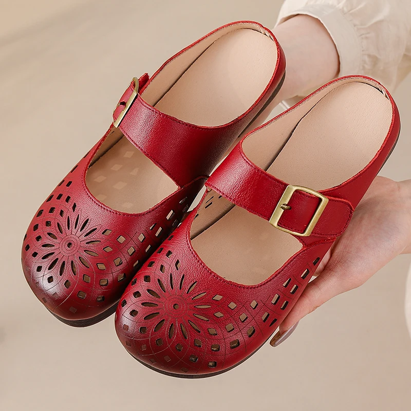 

Woman red Elegant Summer Flats Comfortable Shoe Mom New Arrival Genuine slipper non-slip breathable Mules shoes