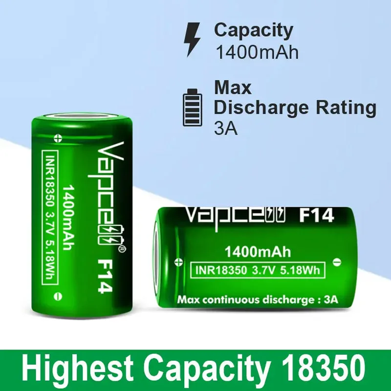 Original Vapcell F14 INR 18350 Battery Highest Capacity 1400mAh 3A 3.7V Rechargeable Li-on Cell Battery For Flashlight Toys UAV