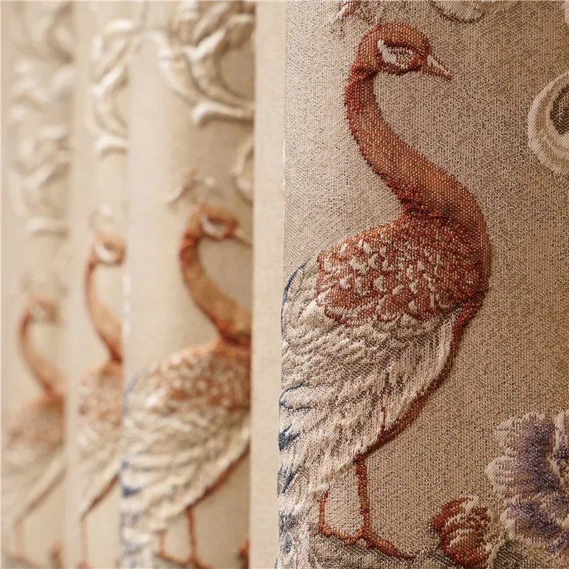 HQYQJJHYR Beige Luxury Peacock 3D Embossed Jacquard Full Blackout Bedroom Curtains Embroidered Voile Curtain for Living Room