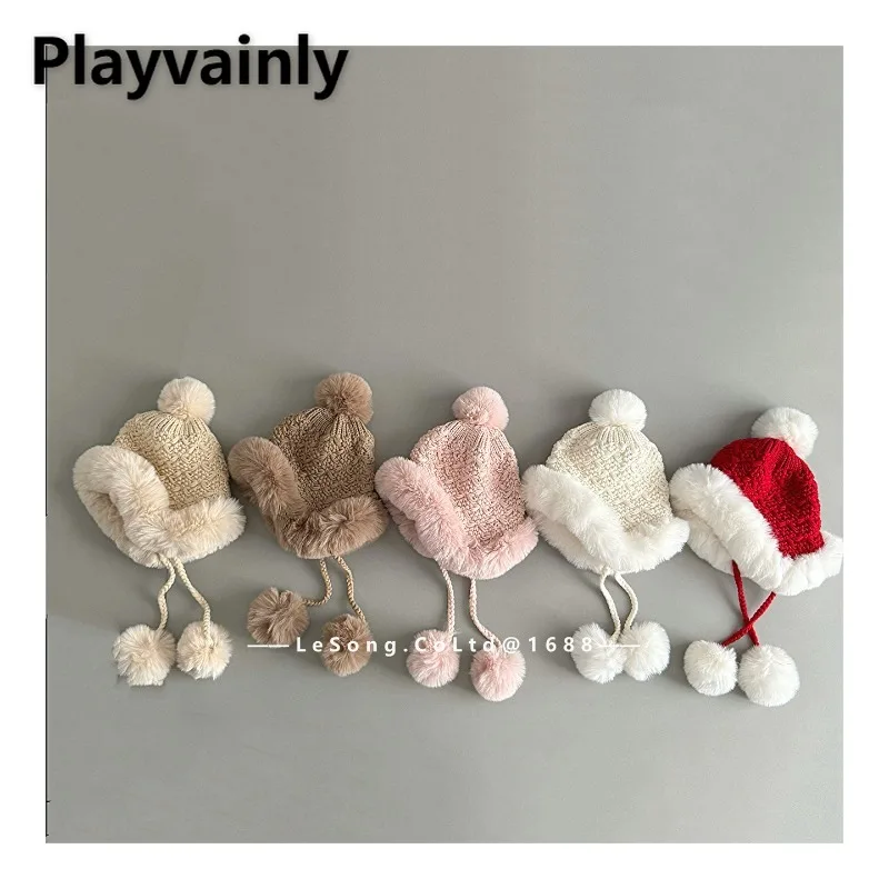 

2025 New Toddler Winter Fashion Knit Hat Boys Girls Fleece Thickened Warm Bomber Cap with Cute Pom Pom Kids Accessories H2499