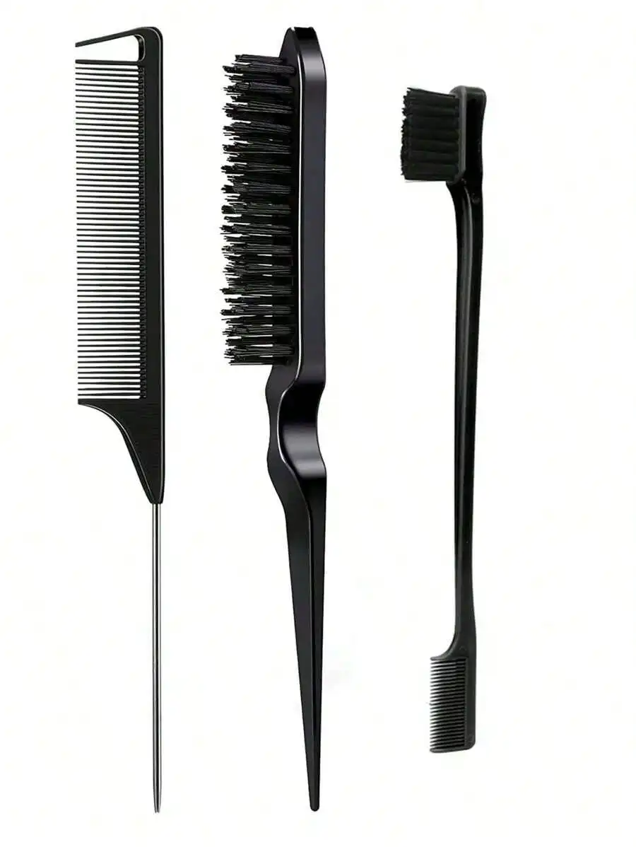 

3Pcs Hair Styling & Makeup Brush Set, Tail Comb, Teasing Brush & Eyebrow Brush, Salon & Daily Essentials