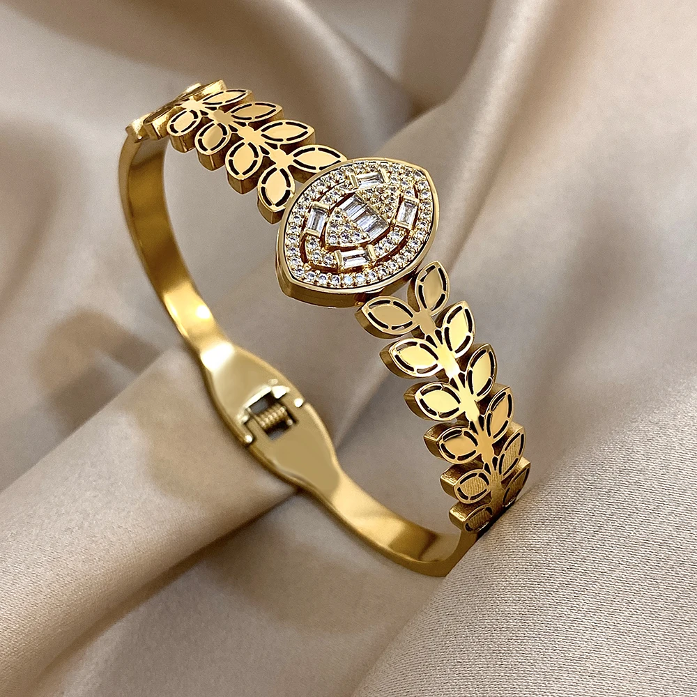 Flashbuy New Design Cubic Zircon Stainless Steel Bangles Bracelets for Women Geometric Gold Color Waterproof Fashion Jewelry
