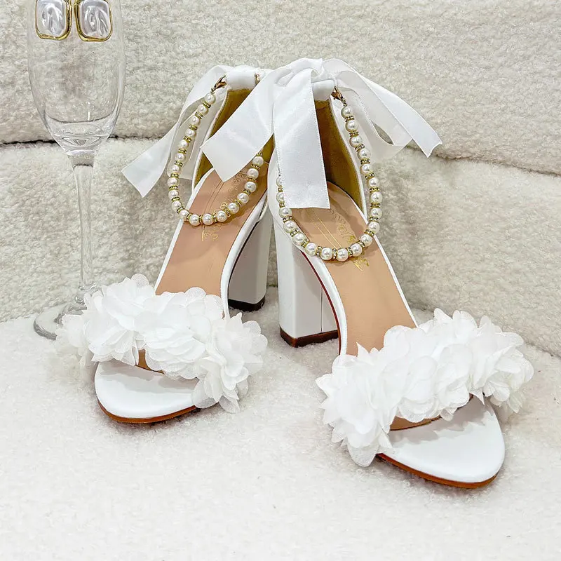 

Женские полые босоножки на высоком каблуке с открытым носком и жемчужной цепочкой, банкетные туфли на толстом каблуке