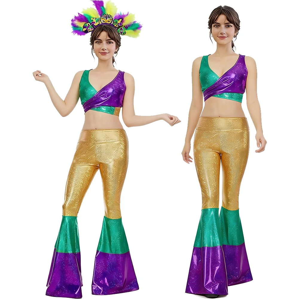

Brazil Carnival Party for Women Shiny Golden Green Vest Bell-Bottoms Retro Disco Set Brazilian Festivals Parade Costume