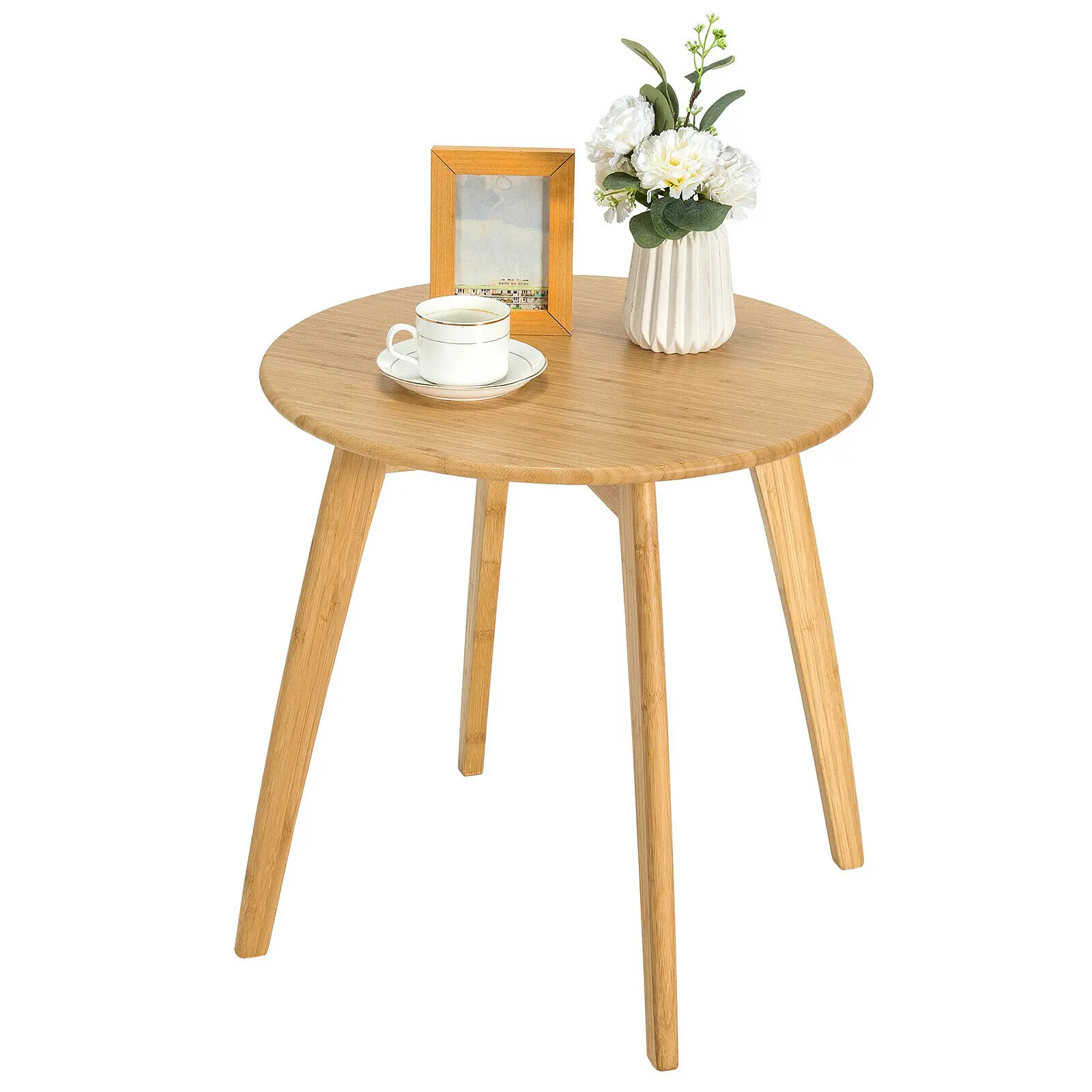 

Natural Bamboo Round End Table Modern Stylish Side Table w/ 20" Round Tabletop