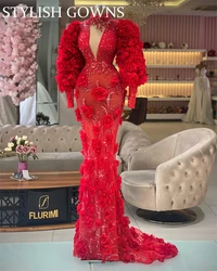 Luxury Red High Neck Evening Gowns Lantern Sleeve Birthday Party Gown Beaded 3D Flowers Formal Dress Mermaid Customized