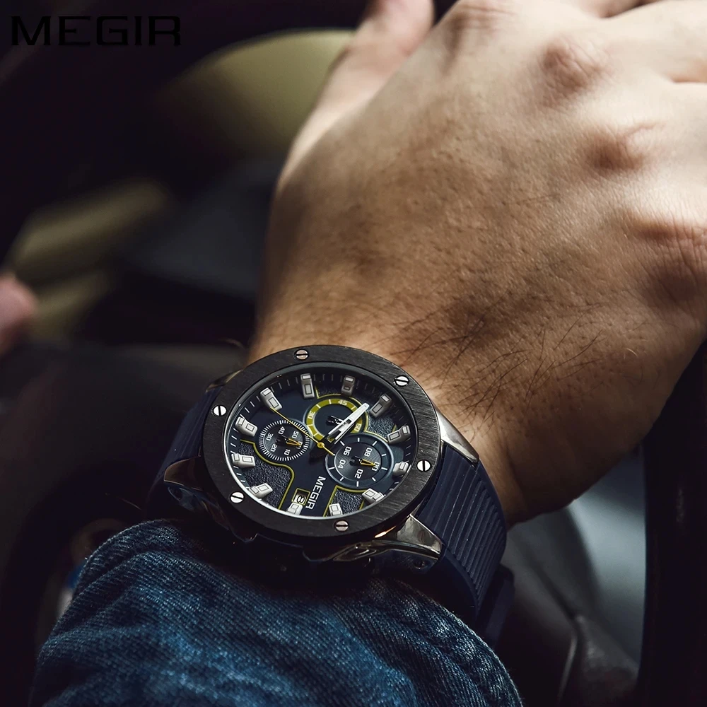 MEGIR 2053 Men's Quartz Watches Luminous Sports Chronograph Date Waterproof Silicone Strap Multifunctional Wristwatch for Man
