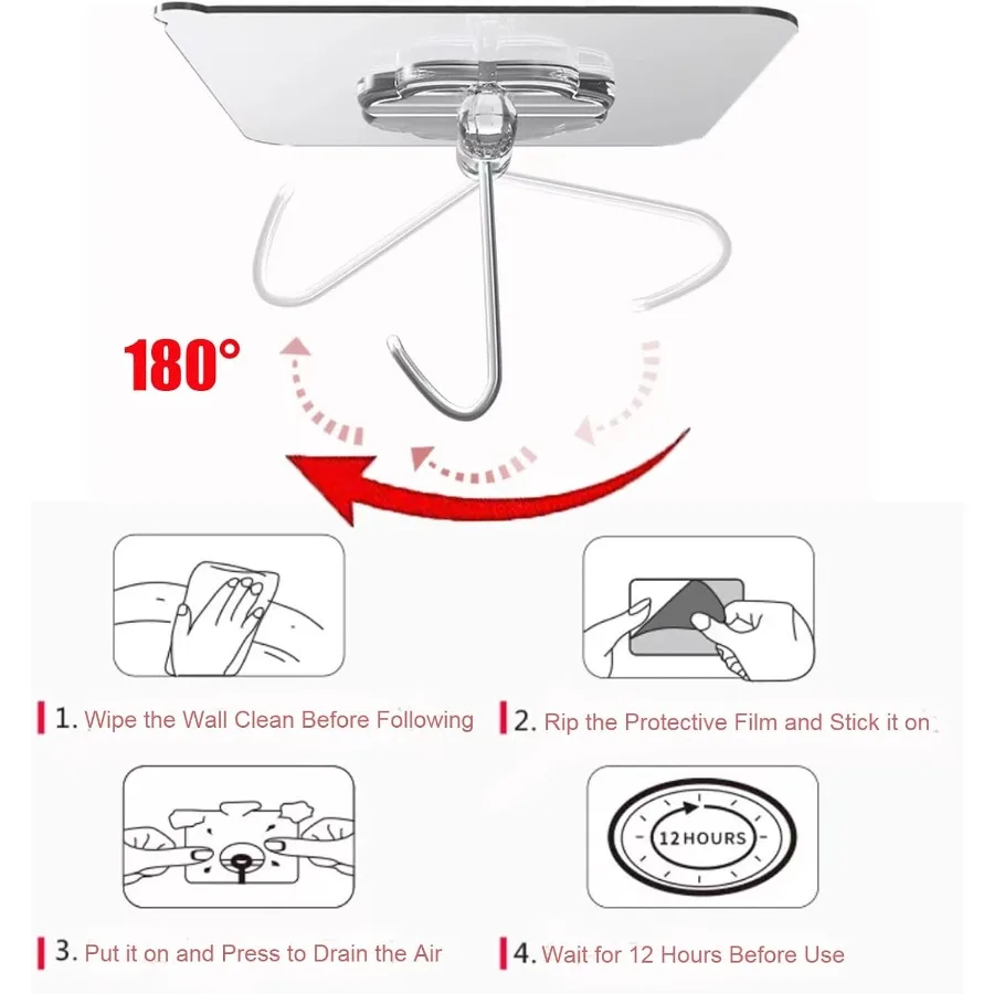 24 Packs Transparent Reusable Waterproof Adhesive Hooks for Heavy Duty Wall Hanging Ideal for Kitchen Curtains Towels and Bathr