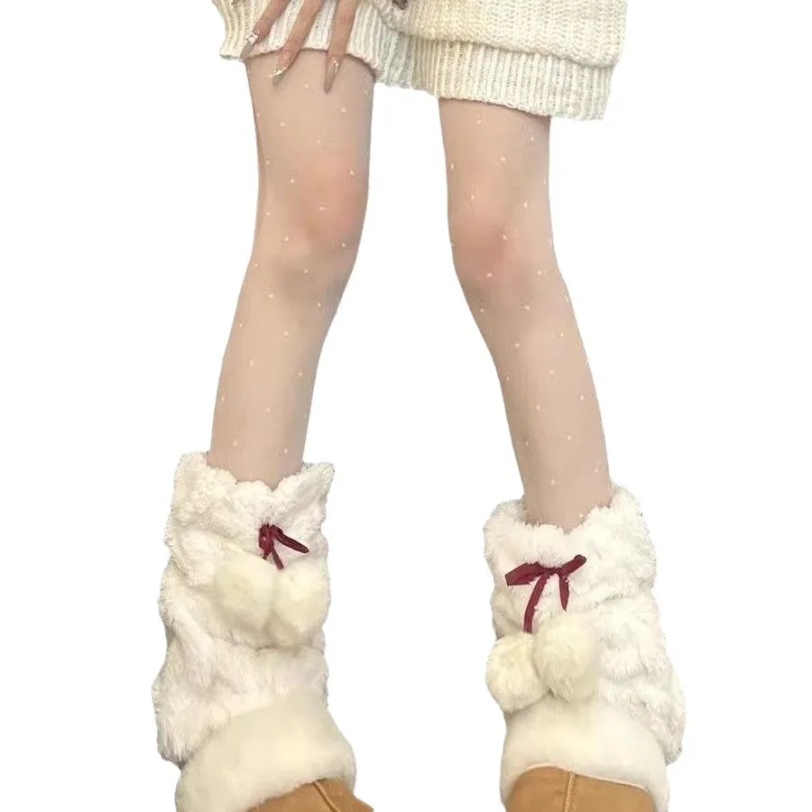 Fashion Bow Tie Leg Warmers White Ball Winter Warm Thickened Plush Leggings Socks Cold Protective Japanese Y2k Boots Cover Socks