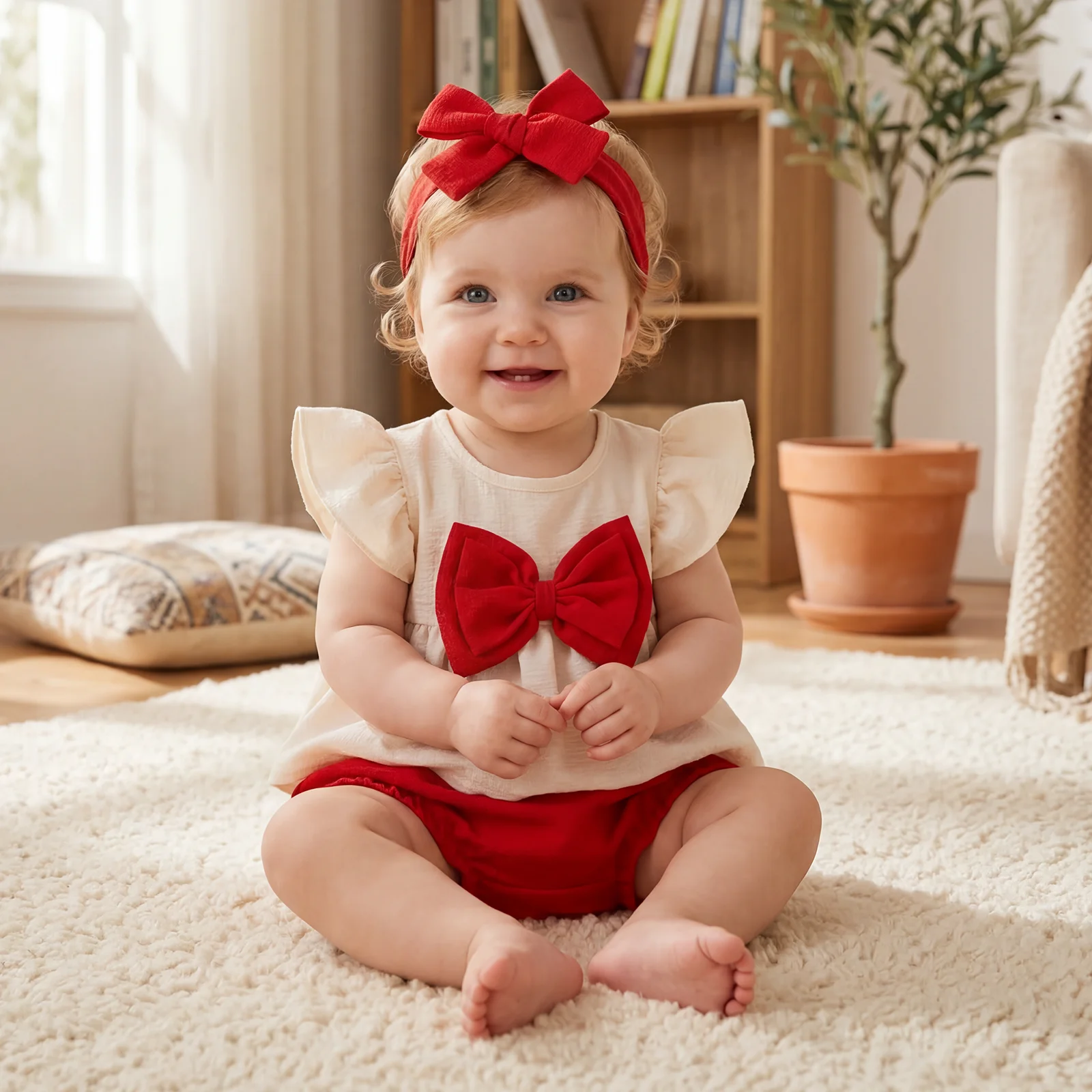 Sweet Baby Girl Summer Outfits Bowknot Decor Fly Sleeve Crew Neck Tops Elastic Waist Shorts Headband 3Pcs Clothes Set