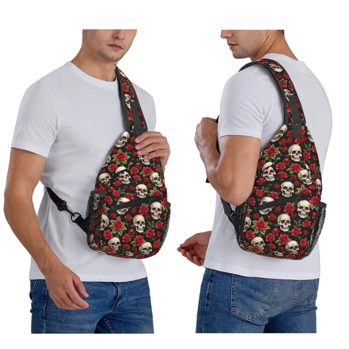 Rose Skull Gothic Style Pattern Chest Bag Men Sling Crossbody Backpack Chest Bag Travel Hiking Daypack Shoulder Bag