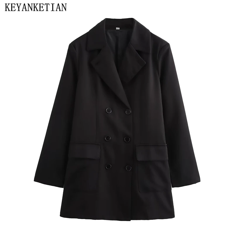 

KEYANKETIAN Winter New Women's Black Double Breasted Mid-Length Suit Office Lady Sashes Decoration Back Slit Slim Coat Outerwear