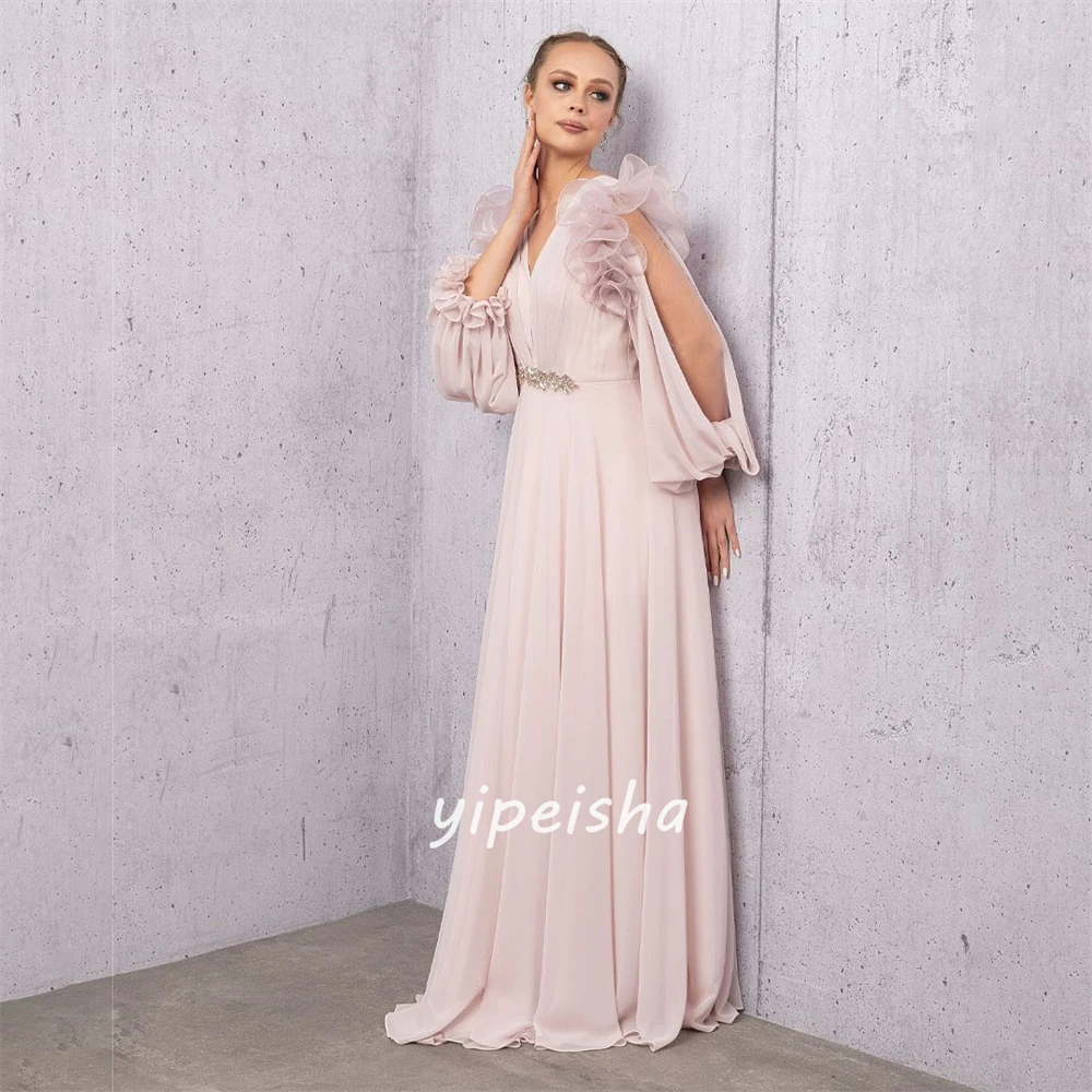 Maßgeschneiderte sexy lässige Chiffon-Strass-Schärpe, drapiert, für Hochzeit, Party, A-Linie, V-Ausschnitt, maßgeschneidertes Anlasskleid, lange Kleider