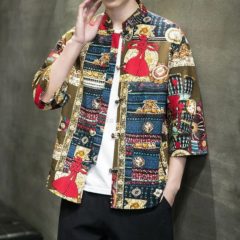 

2024 chinese style men vintage wushu top summer leisure loose beach vacation shirt graceful stand collar printing tang suit top